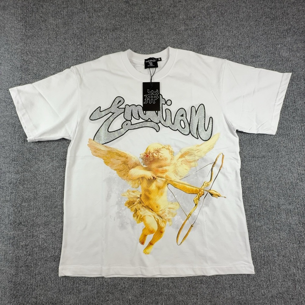Mixed Emotion Shirt Mens Medium White Angel Cupid Rhinestone Graphic T-Shirt
